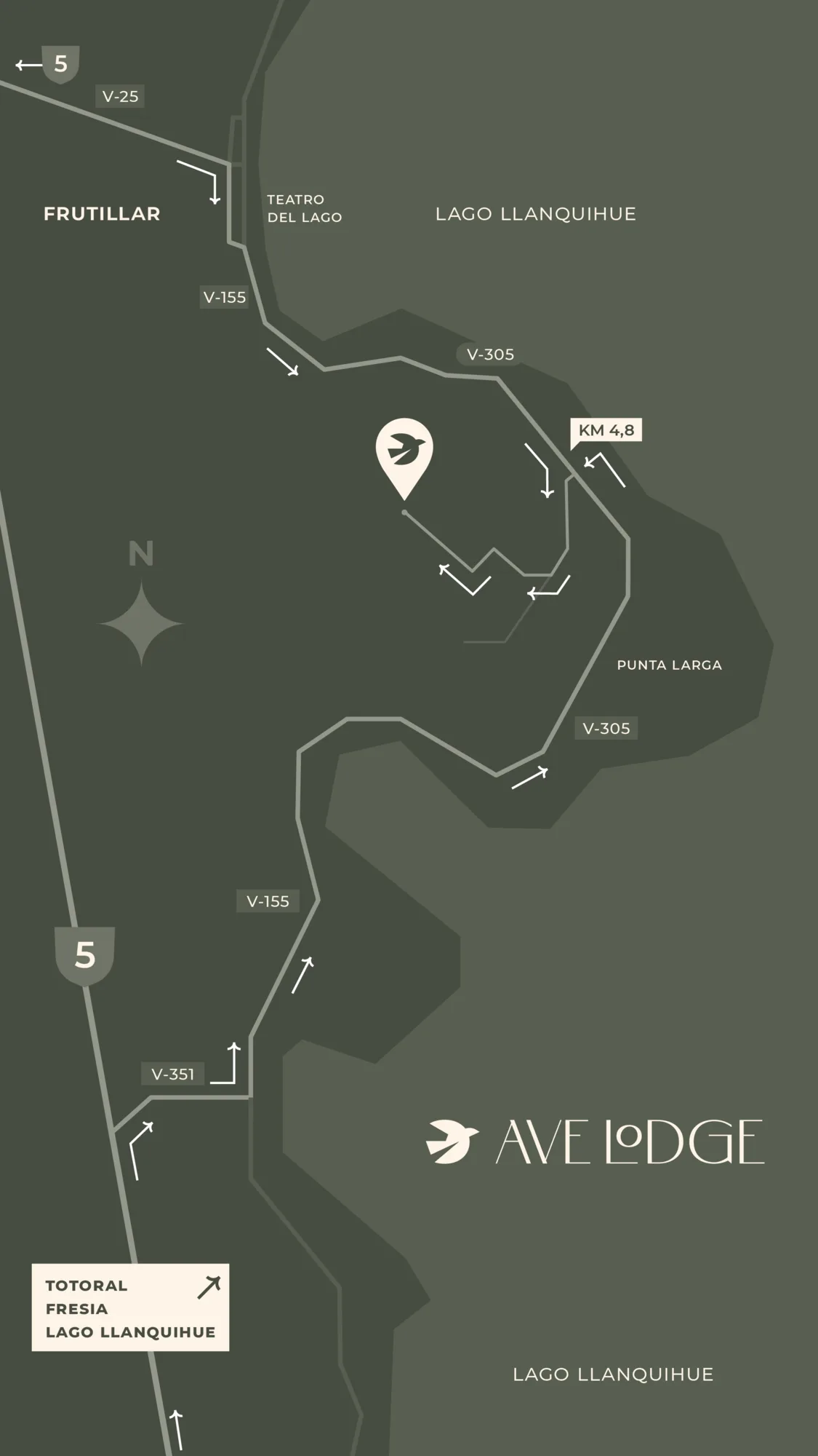 Anfahrtskarte zu Ave Lodge, km 4,8 Camino a Punta Larga, Frutillar